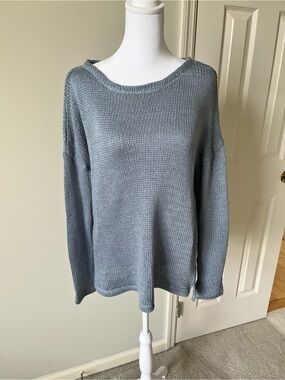 Women’s Long Sleeve Scoop Neck Sweater - Slate Blue- SM Sequin Elbow Detail